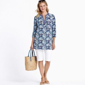 J.McLaughlin Boca Catalina Cloth Navy Aqua Paisley Tunic Top Sz L🧡